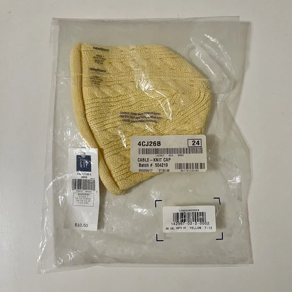 Vintage Baby Gap Yellow Cable Sweater Hat Newborn Stage 1 Up to 3 Months NWT